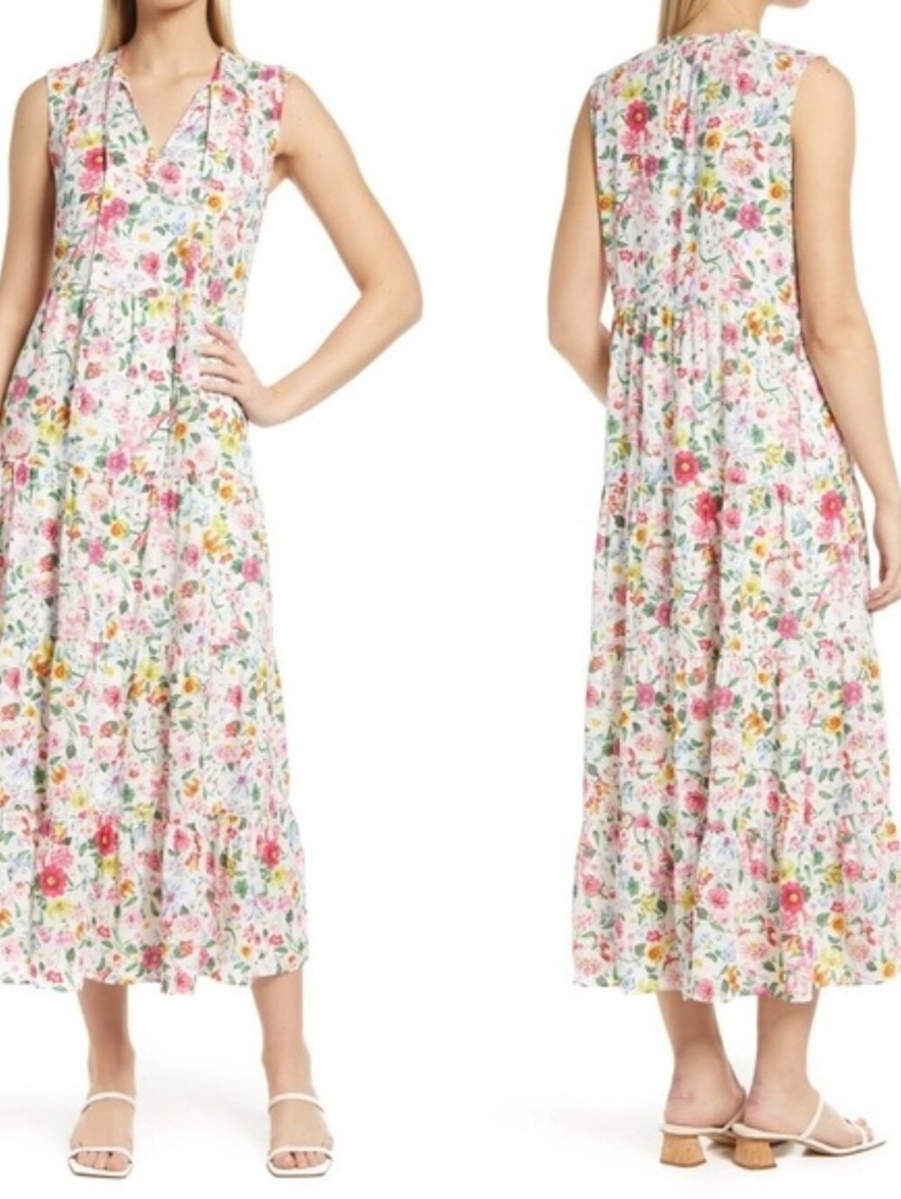 Nordstrom Caslon Floral Print Sleeveless Maxi Dress Large Tie Neck Boho Fairy